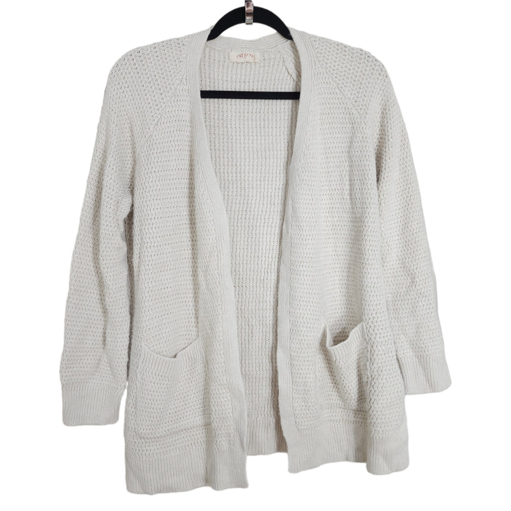 Fat Face Cardigan Sweater Womens 8 White Long Sleeve Pockets Open Front Knit